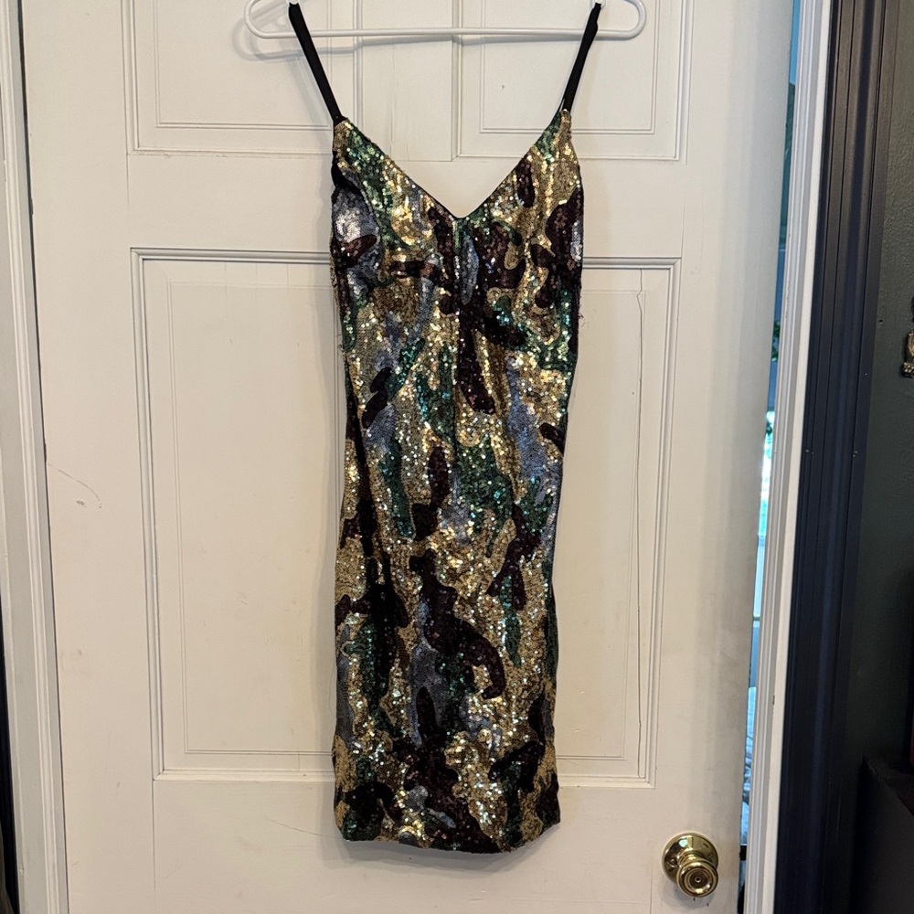 Sequined Camo Slip Mini Dress in Gold and Green